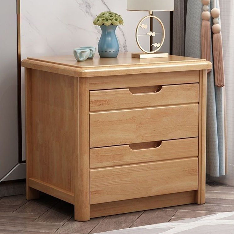 Traditional Chinese Square Rectangular Rubberwood Solid Wood Plywood Nightstand 2-Drawer For Bedroom