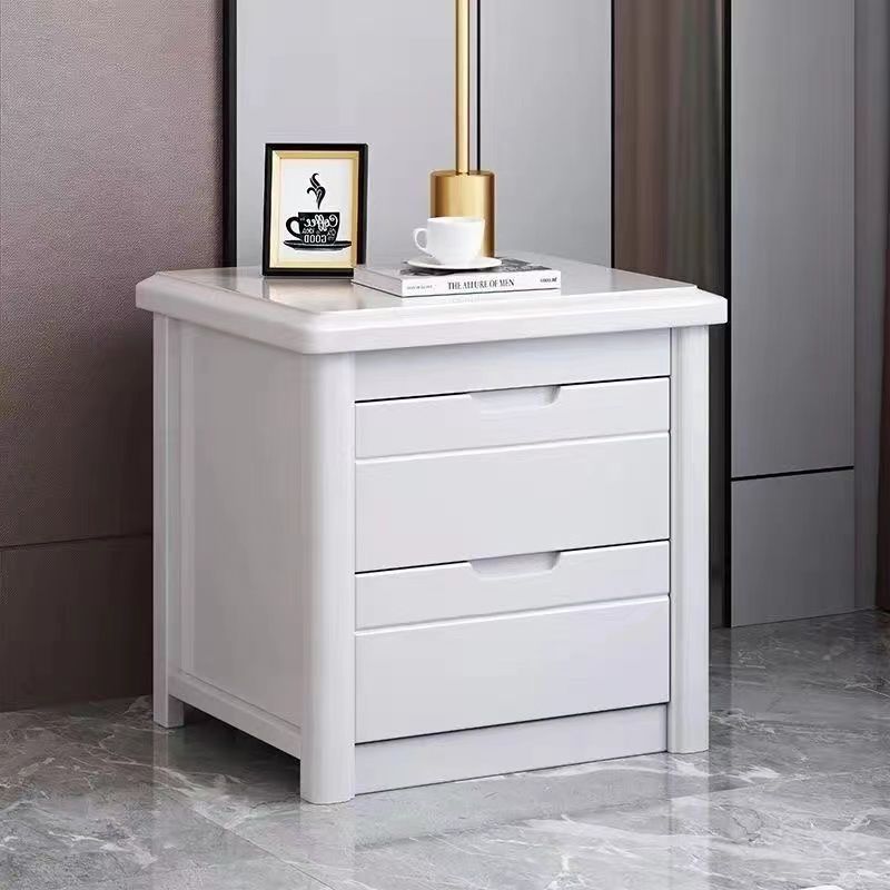 Traditional Chinese Square Rectangular Rubberwood Solid Wood Plywood Nightstand 2-Drawer For Bedroom
