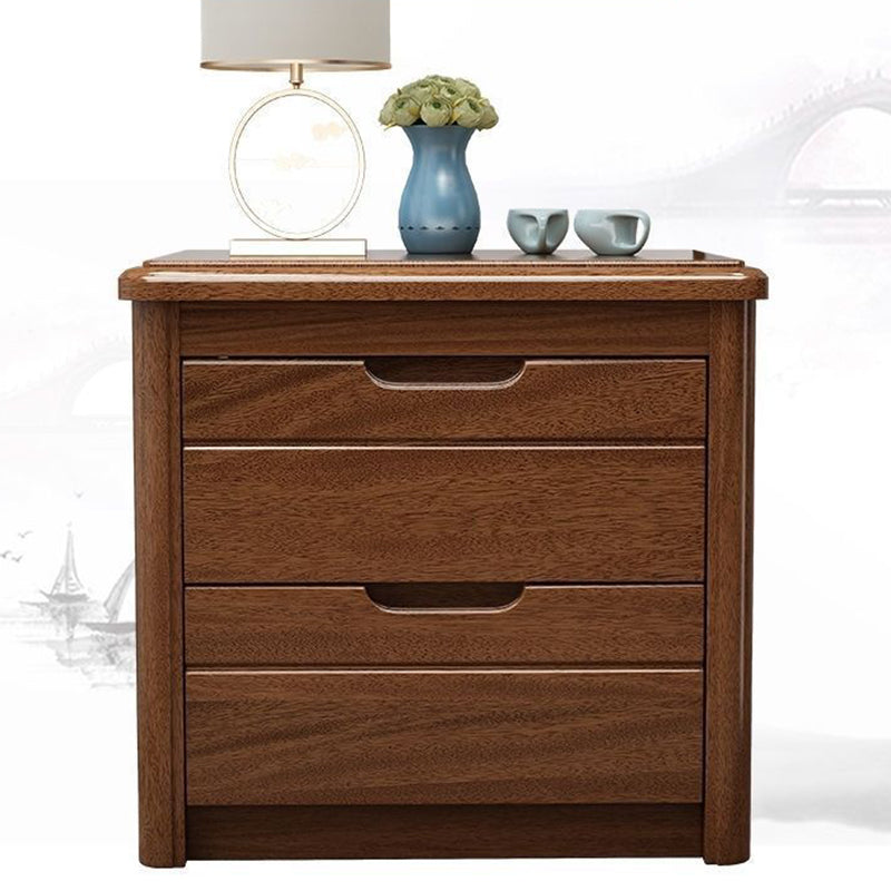 Traditional Chinese Square Rectangular Rubberwood Solid Wood Plywood Nightstand 2-Drawer For Bedroom