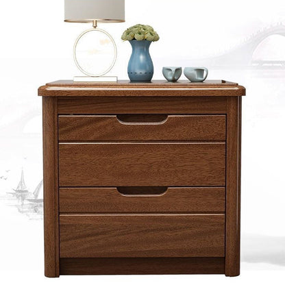 Traditional Chinese Square Rectangular Rubberwood Solid Wood Plywood Nightstand 2-Drawer For Bedroom