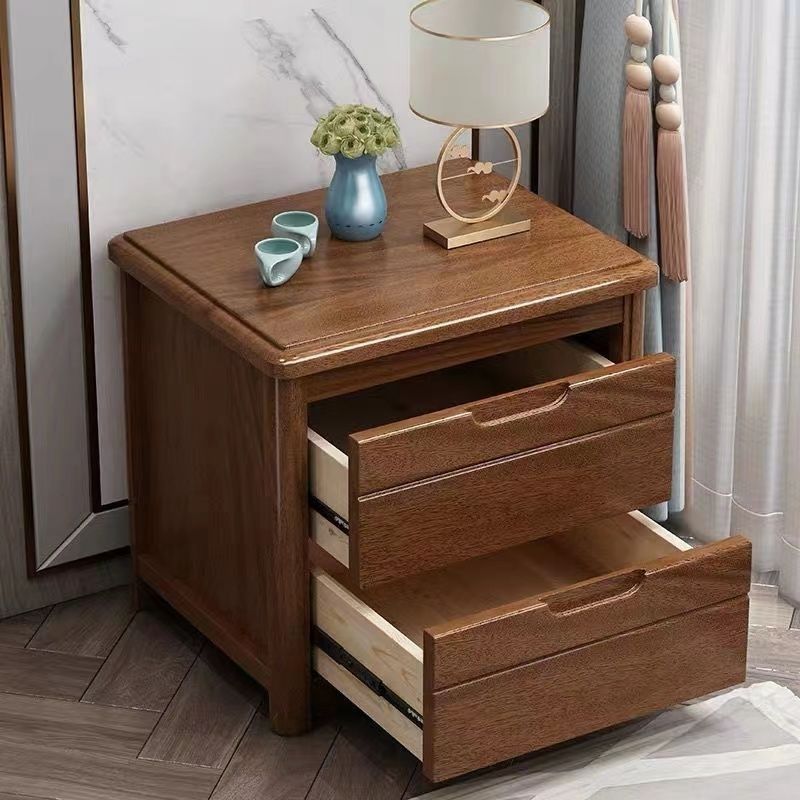 Traditional Chinese Square Rectangular Rubberwood Solid Wood Plywood Nightstand 2-Drawer For Bedroom