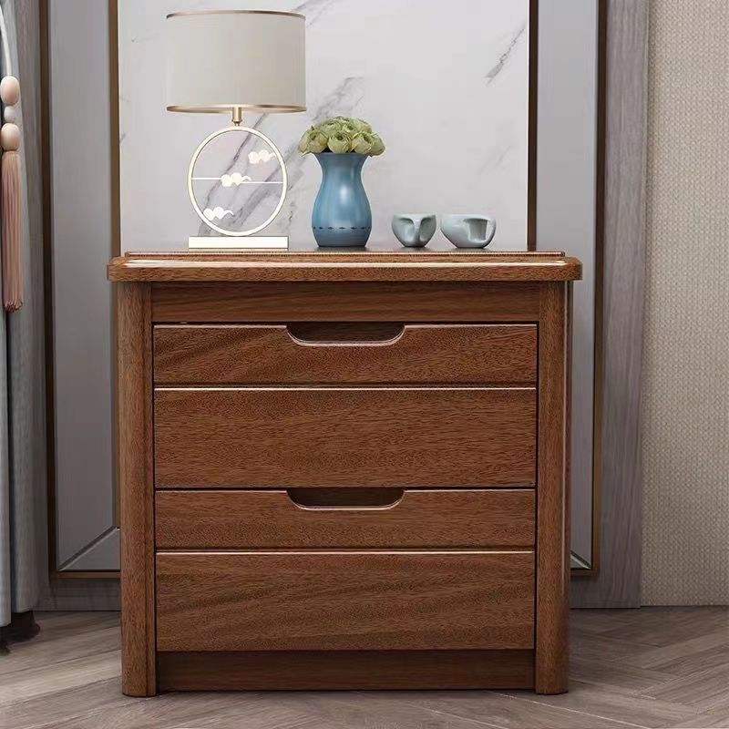 Traditional Chinese Square Rectangular Rubberwood Solid Wood Plywood Nightstand 2-Drawer For Bedroom