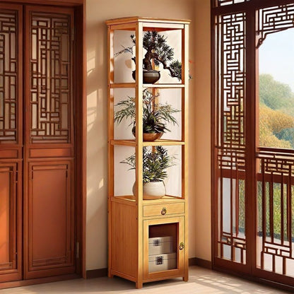 Traditional Chinese Square Nan Bamboo MDF Acrylic Display Rack 1/2/3/4-Tier For Living Room