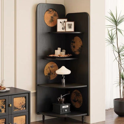 Modern Mid-century Fan-shaped Rubberwood Ash Wood Xiangyun Silk Corner Shelf Unit 4-Tier For Living Room