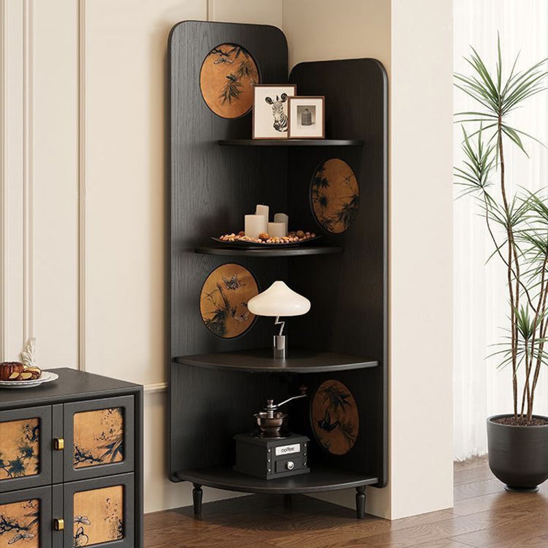 Modern Mid-century Fan-shaped Rubberwood Ash Wood Xiangyun Silk Corner Shelf Unit 4-Tier For Living Room