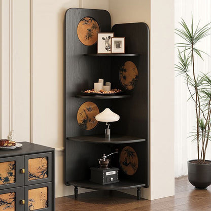 Modern Mid-century Fan-shaped Rubberwood Ash Wood Xiangyun Silk Corner Shelf Unit 4-Tier For Living Room