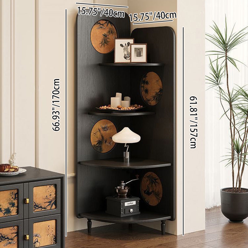 Modern Mid-century Fan-shaped Rubberwood Ash Wood Xiangyun Silk Corner Shelf Unit 4-Tier For Living Room