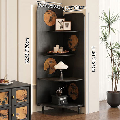 Modern Mid-century Fan-shaped Rubberwood Ash Wood Xiangyun Silk Corner Shelf Unit 4-Tier For Living Room