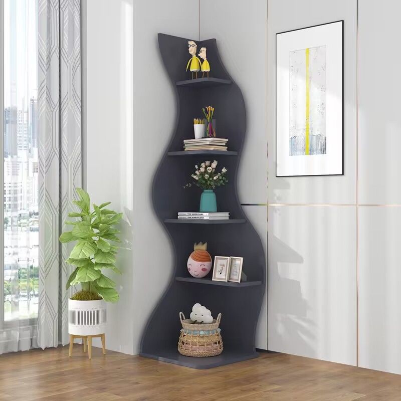 Modern Art Deco Rectangular Wavy Engineered Wood Corner Shelf Unit 5-Tier For Living Room