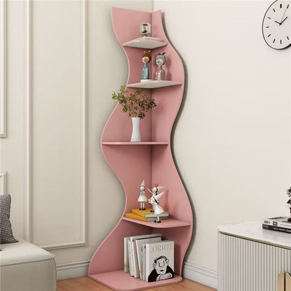 Modern Art Deco Rectangular Wavy Engineered Wood Corner Shelf Unit 5-Tier For Living Room