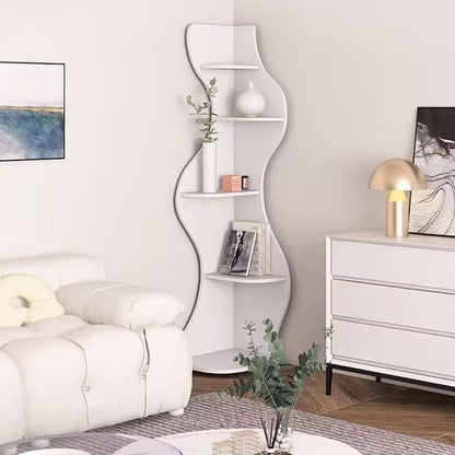 Modern Art Deco Rectangular Wavy Engineered Wood Corner Shelf Unit 5-Tier For Living Room