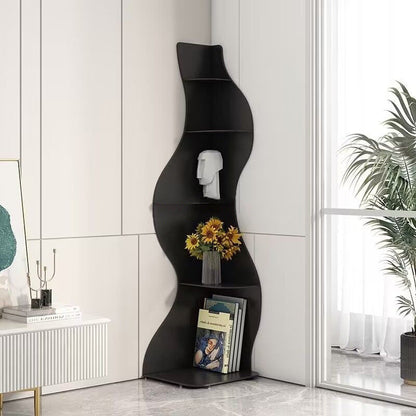 Modern Art Deco Rectangular Wavy Engineered Wood Corner Shelf Unit 5-Tier For Living Room