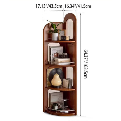 Contemporary Retro Fan-shaped Boxwood Pine Wood Glass Stainless Steel Corner Shelf Unit 4-Tier For Living Room