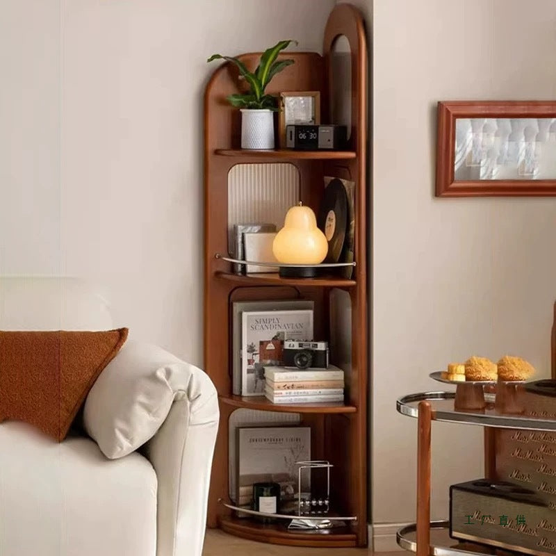 Contemporary Retro Fan-shaped Boxwood Pine Wood Glass Stainless Steel Corner Shelf Unit 4-Tier For Living Room