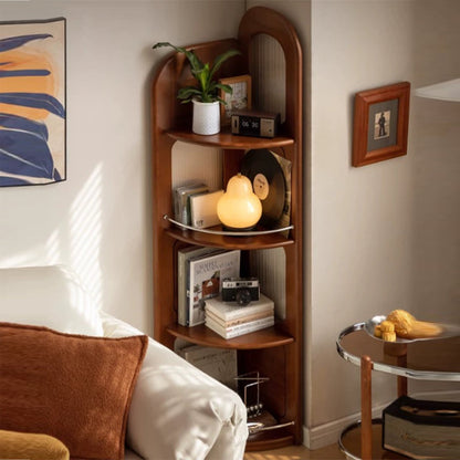 Contemporary Retro Fan-shaped Boxwood Pine Wood Glass Stainless Steel Corner Shelf Unit 4-Tier For Living Room