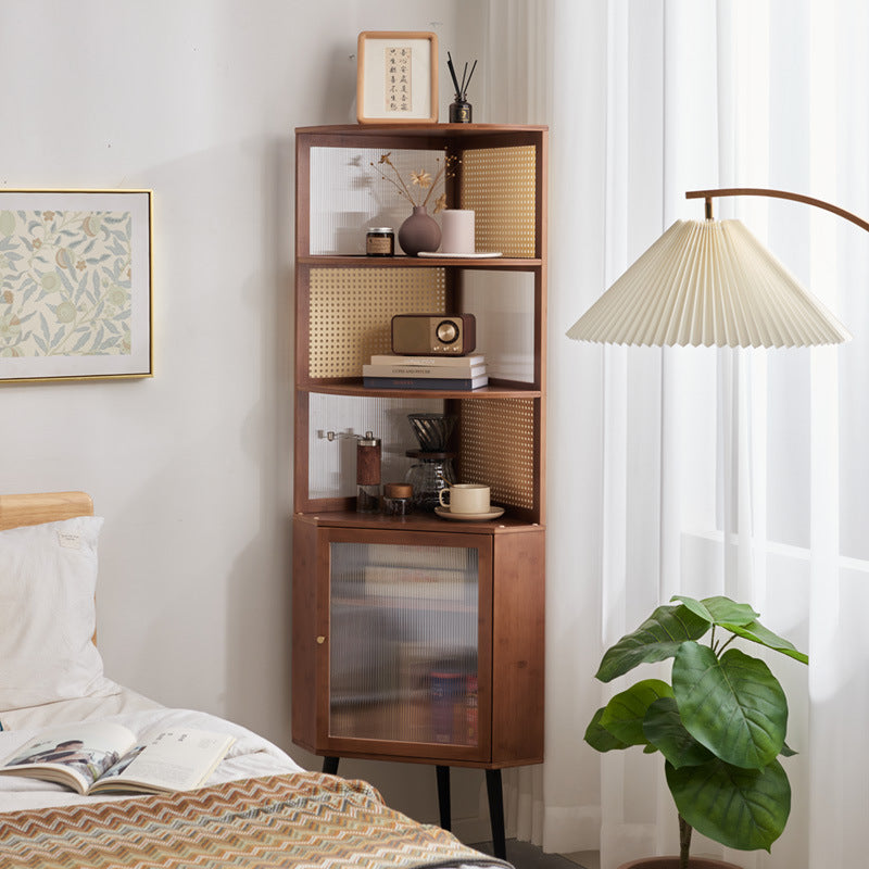 Modern Mid-century Square Nan Bamboo Solid Wood Acrylic Faux Rattan Weaving Corner Shelf Unit 6-Tier For Living Room