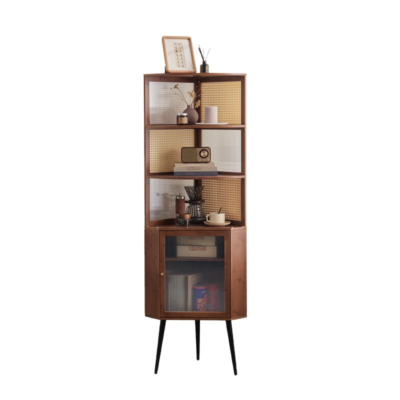 Modern Mid-century Square Nan Bamboo Solid Wood Acrylic Faux Rattan Weaving Corner Shelf Unit 6-Tier For Living Room