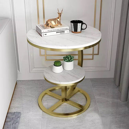 Contemporary Luxury Round Stone Slab Iron End Table 2-Tier For Living Room