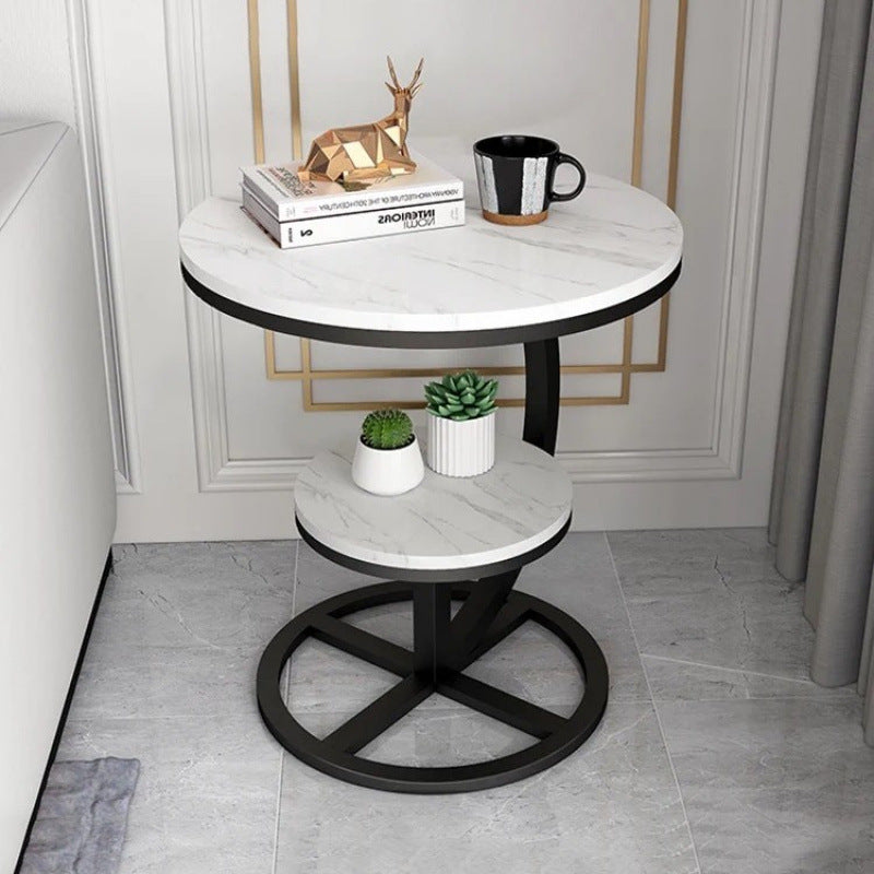 Contemporary Luxury Round Stone Slab Iron End Table 2-Tier For Living Room