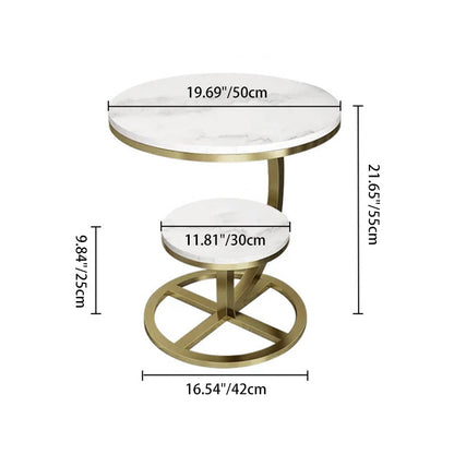 Contemporary Luxury Round Stone Slab Iron End Table 2-Tier For Living Room