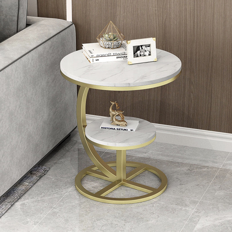 Contemporary Luxury Round Stone Slab Iron End Table 2-Tier For Living Room