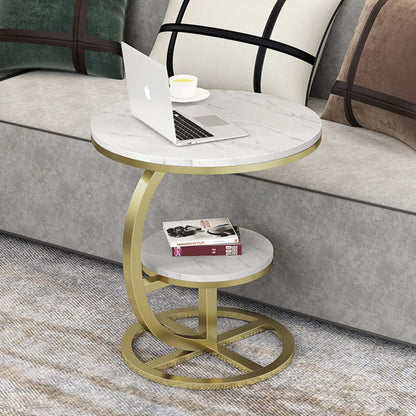 Contemporary Luxury Round Stone Slab Iron End Table 2-Tier For Living Room