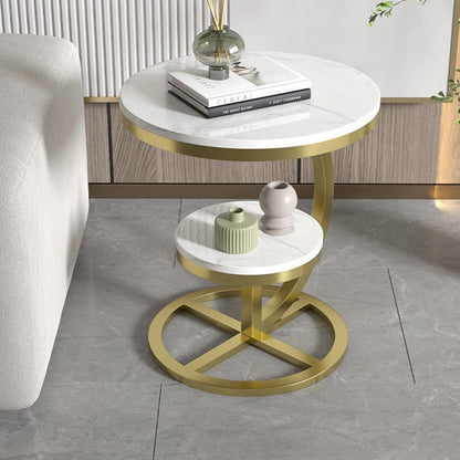 Contemporary Luxury Round Stone Slab Iron End Table 2-Tier For Living Room