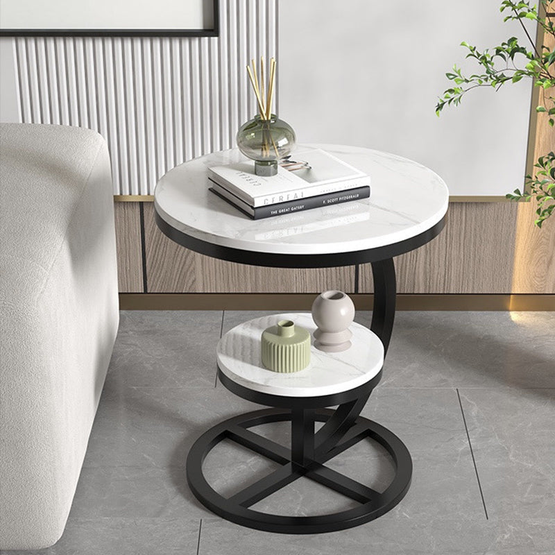 Contemporary Luxury Round Stone Slab Iron End Table 2-Tier For Living Room