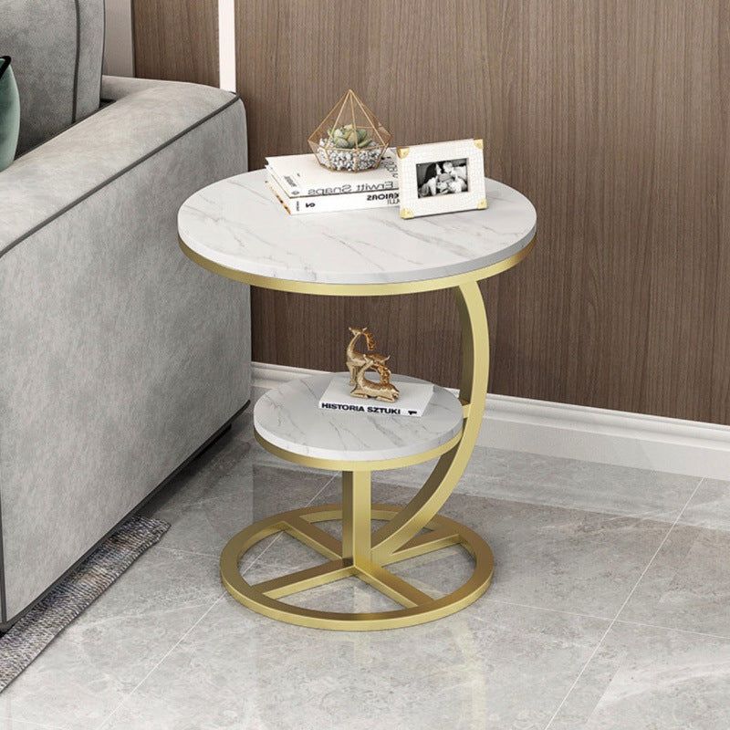 Contemporary Luxury Round Stone Slab Iron End Table 2-Tier For Living Room