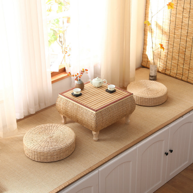 Traditional Japanese Square Solid Wood Solid Wood Plywood Rattan Weaving Storage Coffee Table 1-Cabinet For Living Room