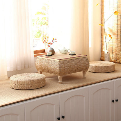 Traditional Japanese Square Solid Wood Solid Wood Plywood Rattan Weaving Storage Coffee Table 1-Cabinet For Living Room