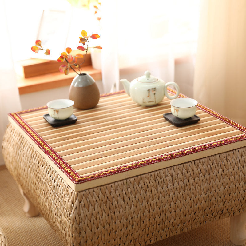 Traditional Japanese Square Solid Wood Solid Wood Plywood Rattan Weaving Storage Coffee Table 1-Cabinet For Living Room