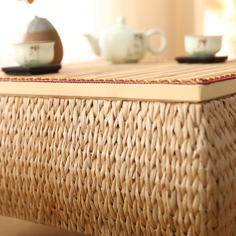 Traditional Japanese Square Solid Wood Solid Wood Plywood Rattan Weaving Storage Coffee Table 1-Cabinet For Living Room