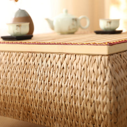 Traditional Japanese Square Solid Wood Solid Wood Plywood Rattan Weaving Storage Coffee Table 1-Cabinet For Living Room