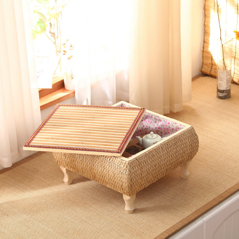 Traditional Japanese Square Solid Wood Solid Wood Plywood Rattan Weaving Storage Coffee Table 1-Cabinet For Living Room