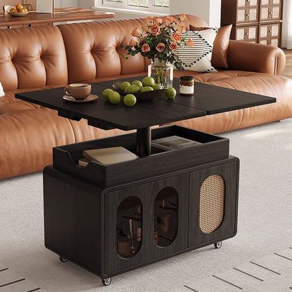 Modern Mid-century Square Rectangular Rubberwood Solid Wood Plywood Plastic Rattan Glass Foldable Movable Weaving Coffee Table 2-Tier For Living Room