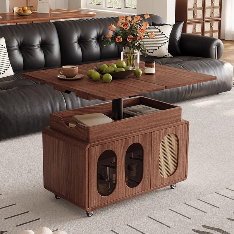 Modern Mid-century Square Rectangular Rubberwood Solid Wood Plywood Plastic Rattan Glass Foldable Movable Weaving Coffee Table 2-Tier For Living Room