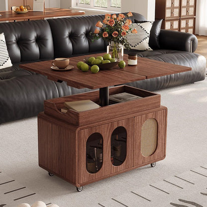 Modern Mid-century Square Rectangular Rubberwood Solid Wood Plywood Plastic Rattan Glass Foldable Movable Weaving Coffee Table 2-Tier For Living Room