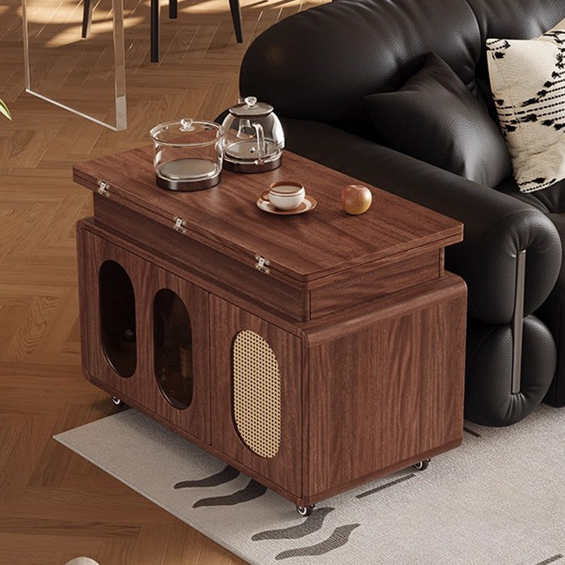 Modern Mid-century Square Rectangular Rubberwood Solid Wood Plywood Plastic Rattan Glass Foldable Movable Weaving Coffee Table 2-Tier For Living Room