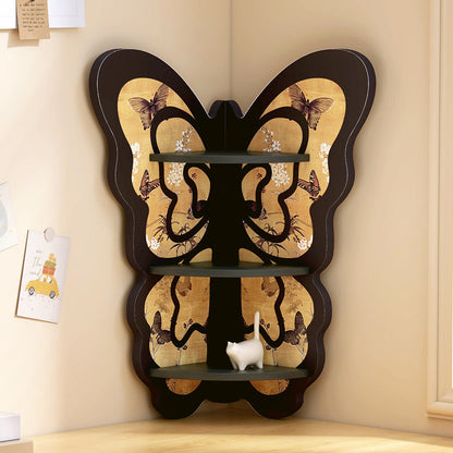 Modern Art Deco Fan-shaped Butterfly Solid Wood Corner Shelf Unit 3-Tier For Living Room