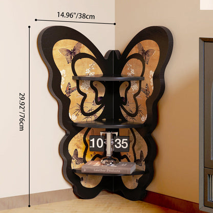 Modern Art Deco Fan-shaped Butterfly Solid Wood Corner Shelf Unit 3-Tier For Living Room