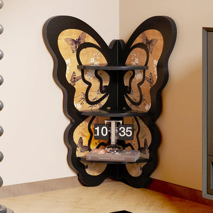 Modern Art Deco Fan-shaped Butterfly Solid Wood Corner Shelf Unit 3-Tier For Living Room