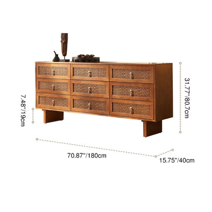 Traditional Chinese Rectangular Solid Wood Multi-Layer Plate Rattan Storage Cabinet 9-Drawer For Living Room