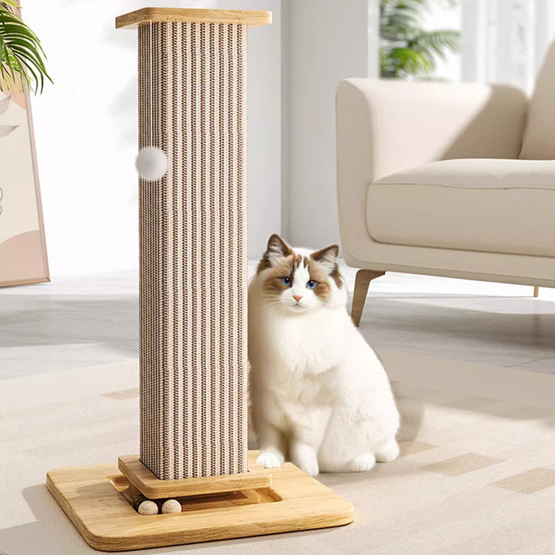 Modern Minimalist Rectangular Medium Density Fiberboard Solid Wood Sisal Cat Scratching Post With Toy Ball For Living Room