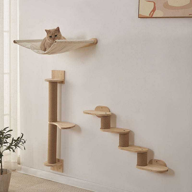 Modern Minimalist Cylindrical Solid Pine Wood Sisal Fabric Cat Tree & Condo 1-Hammock 1-Scratching Post For Living Room