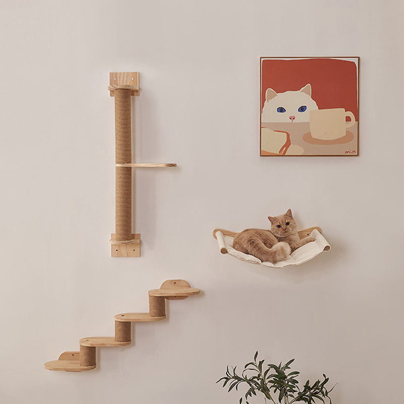 Modern Minimalist Cylindrical Solid Pine Wood Sisal Fabric Cat Tree & Condo 1-Hammock 1-Scratching Post For Living Room