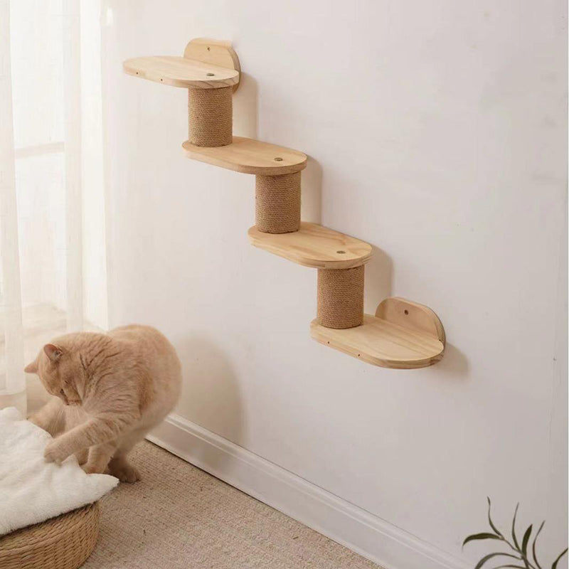 Modern Minimalist Cylindrical Solid Pine Wood Sisal Fabric Cat Tree & Condo 1-Hammock 1-Scratching Post For Living Room
