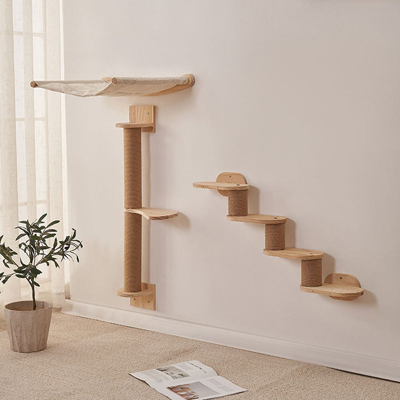 Modern Minimalist Cylindrical Solid Pine Wood Sisal Fabric Cat Tree & Condo 1-Hammock 1-Scratching Post For Living Room