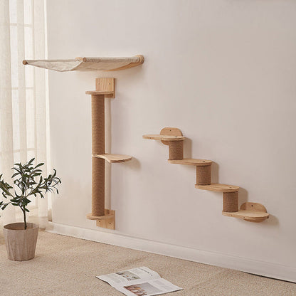 Modern Minimalist Cylindrical Solid Pine Wood Sisal Fabric Cat Tree & Condo 1-Hammock 1-Scratching Post For Living Room