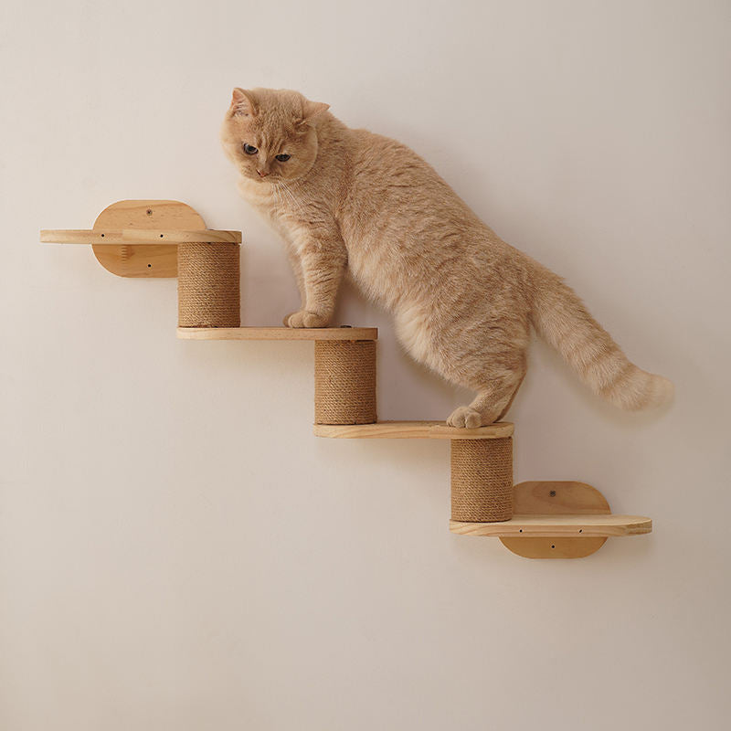 Modern Minimalist Cylindrical Solid Pine Wood Sisal Fabric Cat Tree & Condo 1-Hammock 1-Scratching Post For Living Room